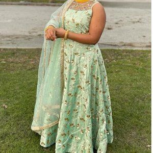 Indian Anarkali Suit Green with gold / Indian Floor Length Gown Mint Green